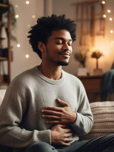 A 28 year old boy sitting on sofa image room and blessing him self