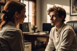 A boy sitting front of a therapist in his chembar 